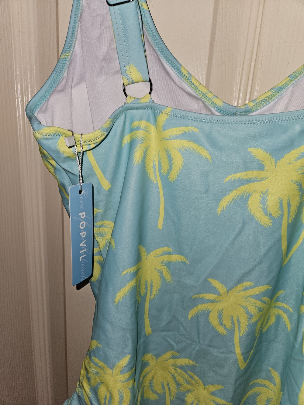 One-Piece Swimsuit in Light Blue with Yellow Palm Print